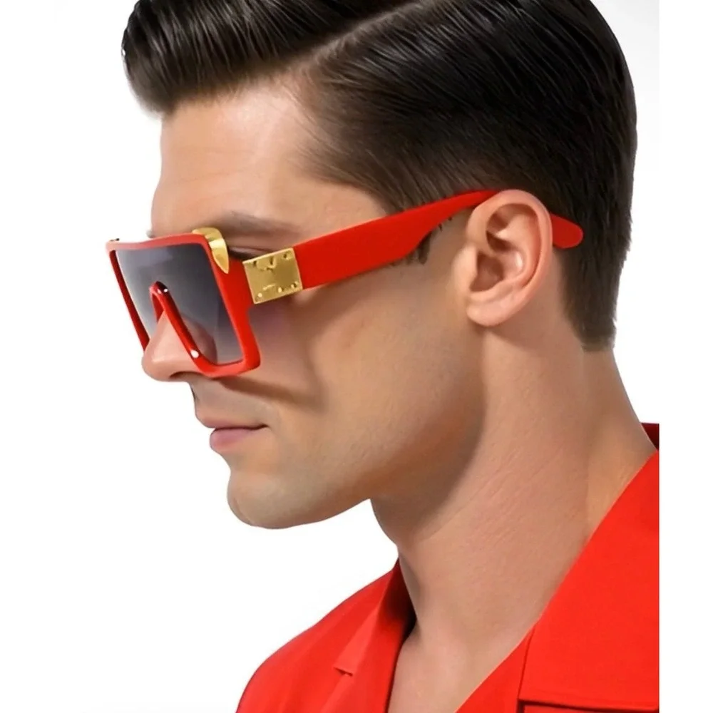 Oversized Square Sunglasses Red Frame Gold Black Lens Stretwear Men Eyewear 2026